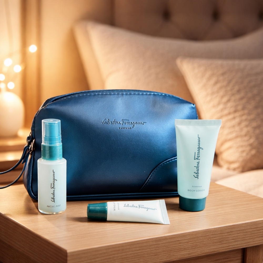 Salvatore Ferragamo Navy Blue mens travel bag with 3 little lotions travel size